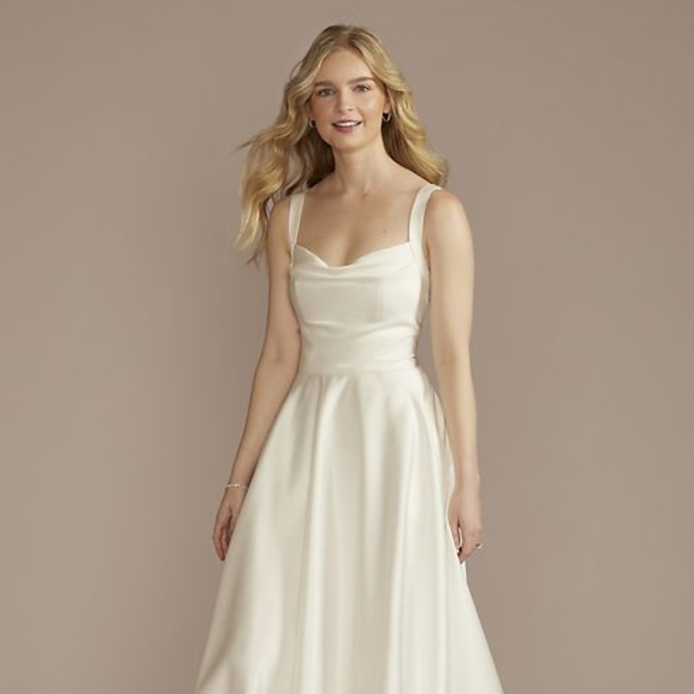 DB STUDIO- David’s Bridal cowl neck tea-length satin a-line dress